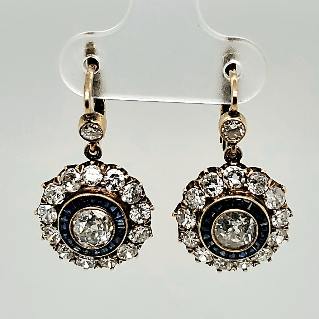 Antique Victorian Platinum on Yellow Gold  Diamond and Sapphire Earrings