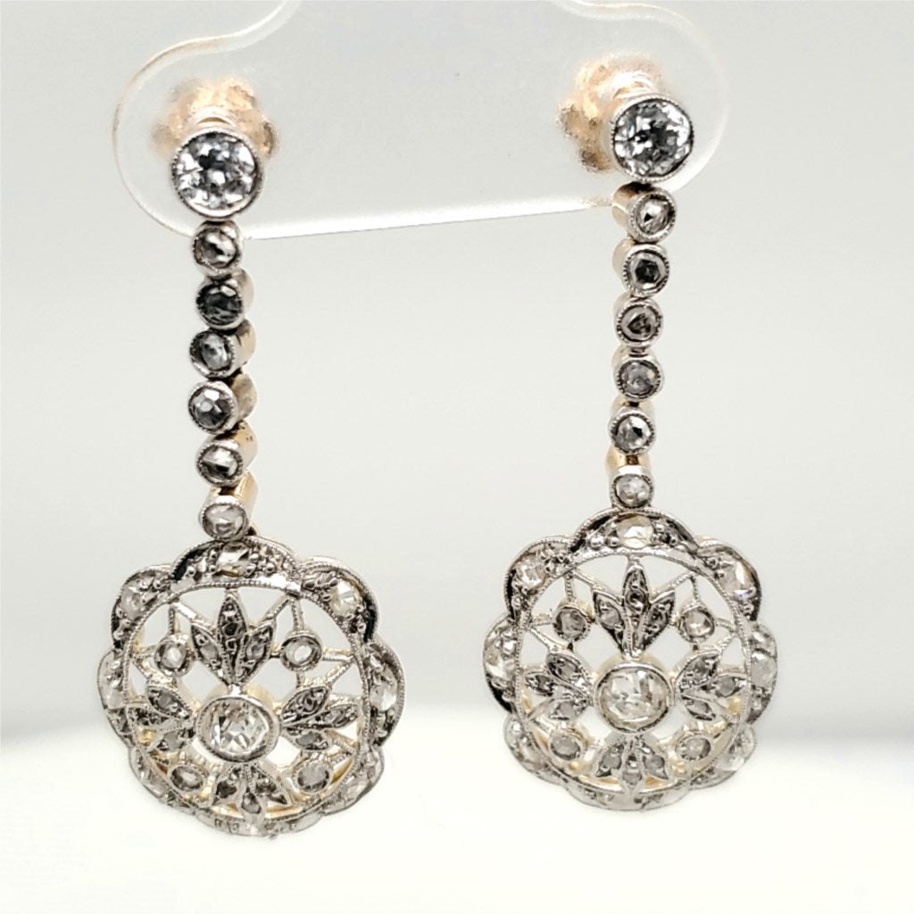 Edwardian Style Platinum on 18kt Yellow Gold and Diamond Dangle Earrings
