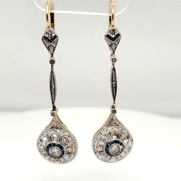 Vintage Platinum on Yellow Gold Diamond and Sapphire Earrings