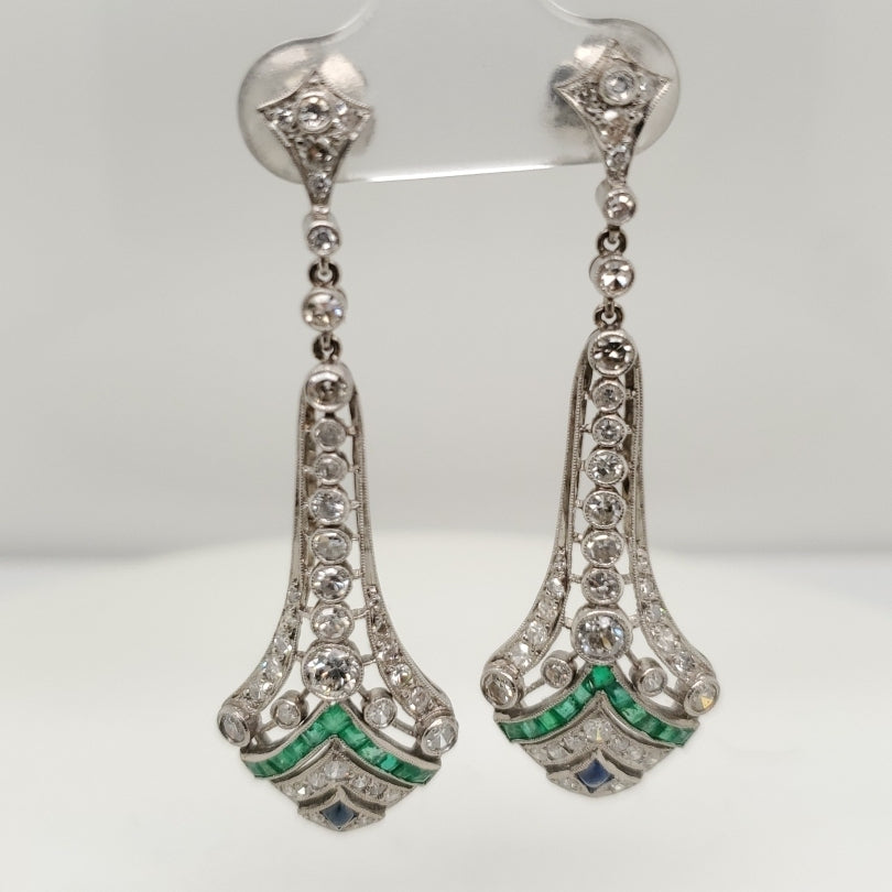 Modern Art Deco Style Platinum Diamond Emerald and sapphire Dangle Earrings