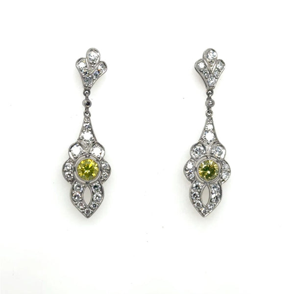 Art Deco Repro Style Irradiated Yellow Diamond Drop Earrings In Platinum