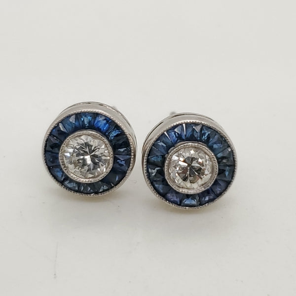 Vintage Platinum Diamond and Sapphire Stud Earrings