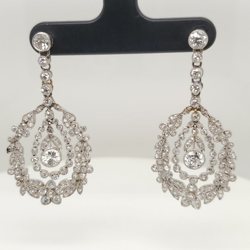 Edwardian Belle Epoch Platinum and Diamond Filigree Dangle Earrings
