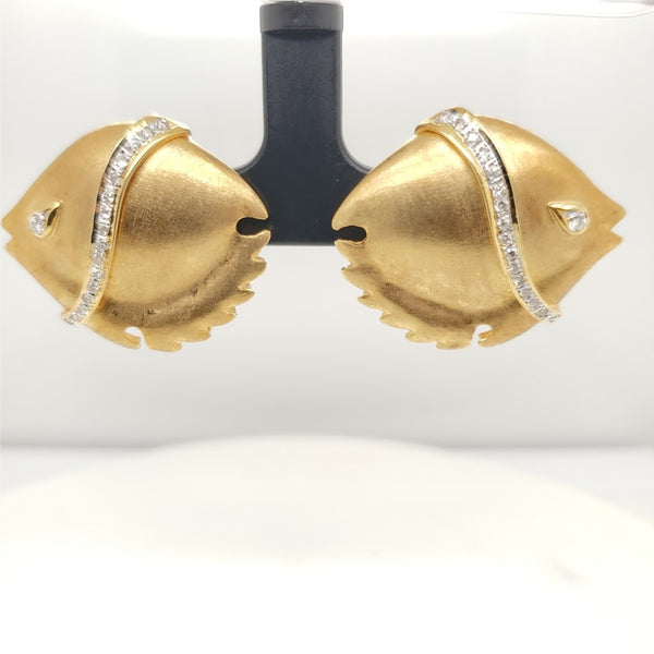 14kt Yellow Gold and Diamond Whimsical Fish Design Earrings