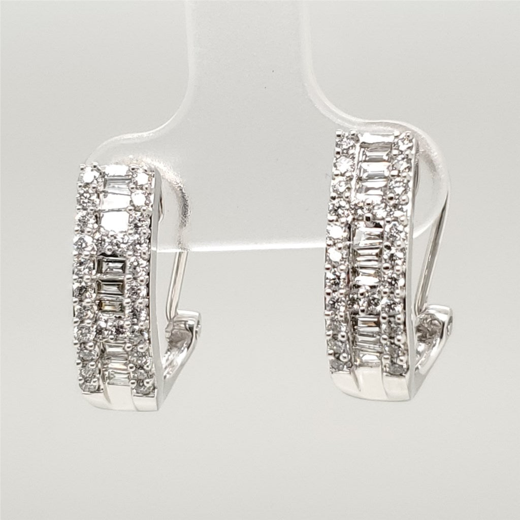 14kt White Gold Round and Baguette Cut Diamond Half Hoop Earrings