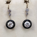 Platinum Art Deco Style Diamond and Onyx Dangle Earrings