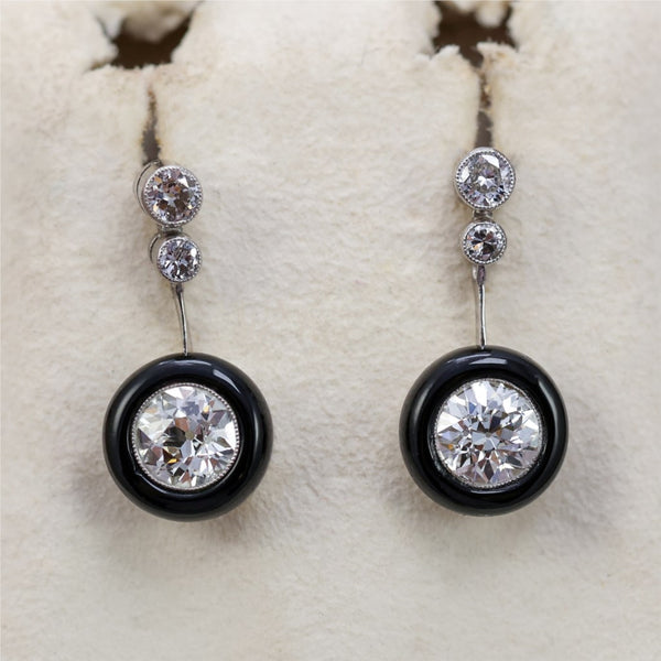 Platinum Art Deco Style Diamond and Onyx Dangle Earrings