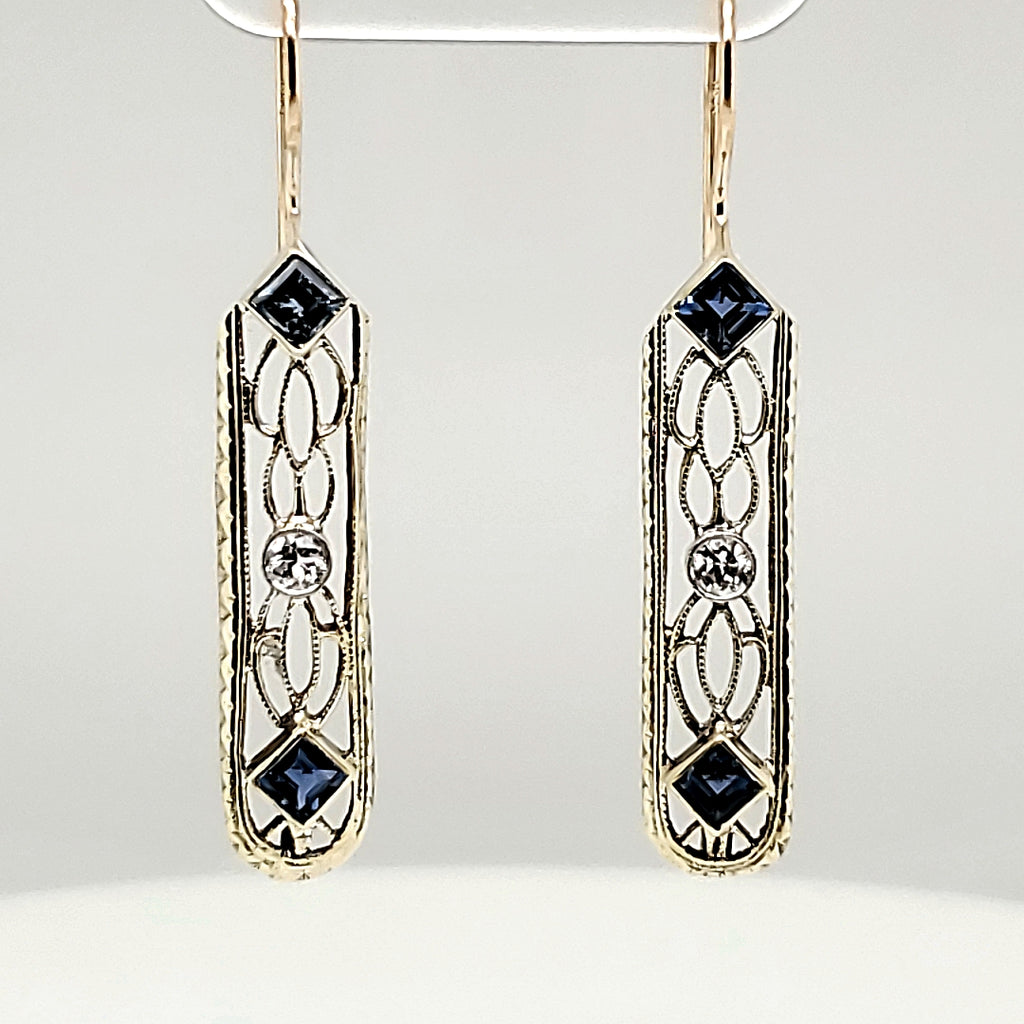 Art Deco White Gold Sapphire and Diamond Filigree Earrings