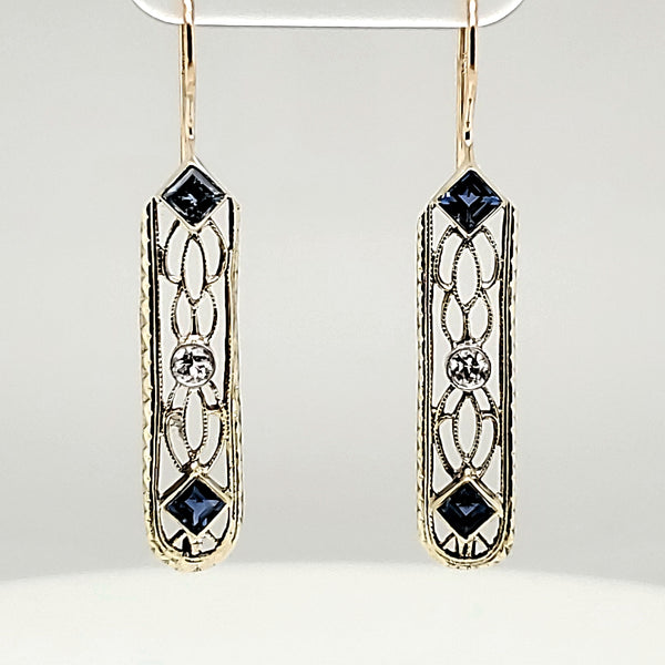 Art Deco White Gold Sapphire and Diamond Filigree Earrings