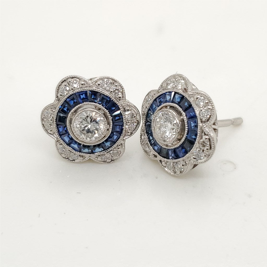Platinum Diamond and Sapphire Stud Earrings