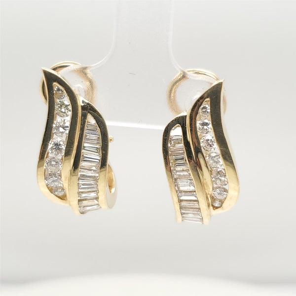 14kt Yellow Gold Round and Baguette Diamond Earrings