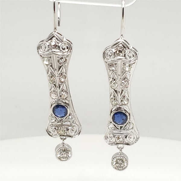 Art Deco White Gold Sapphire and Diamond Filigree Earrings