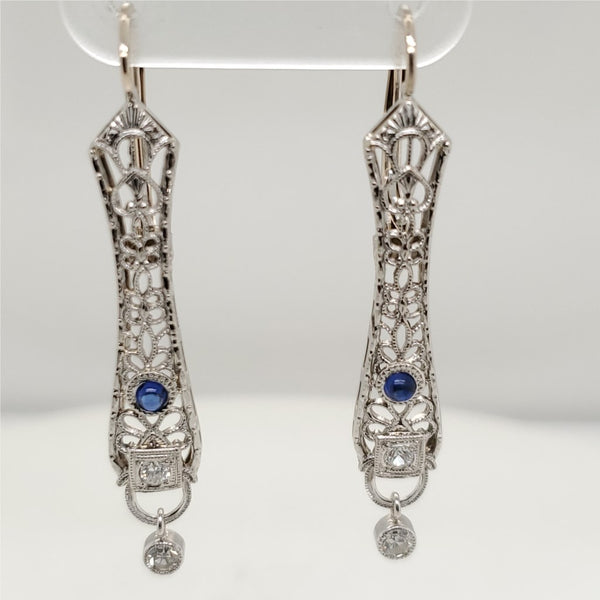 Art Deco White Gold Sapphire and Diamond Filigree Earrings