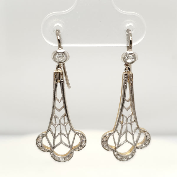 Victorian Platinum on Yellow Gold Diamond Filigree Earrings