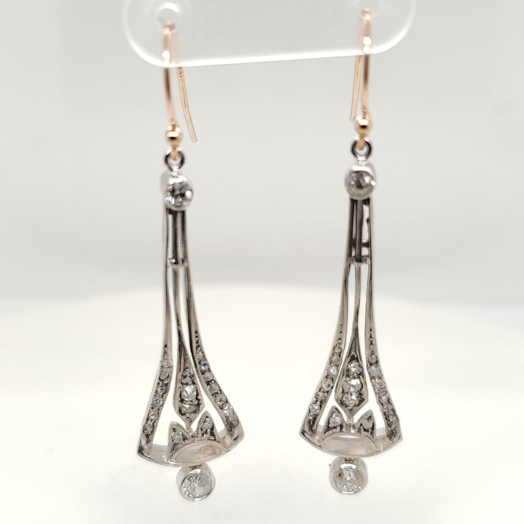 Art Deco Platinum on Rose Gold Diamond Danlge Earrings