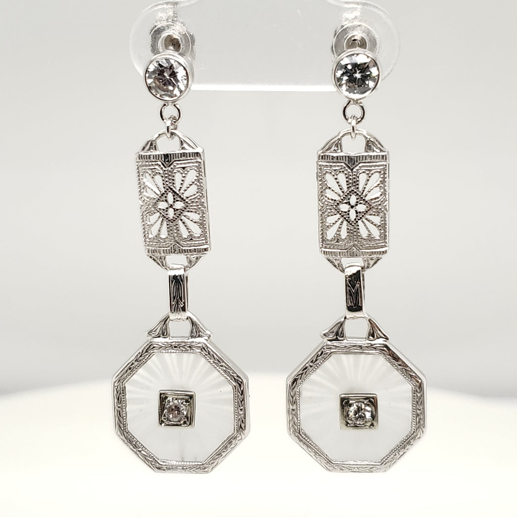 Art Deco 14kt White Gold Camphor Glass and Diamond Dangle Earrings