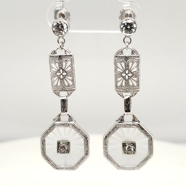 Art Deco 14kt White Gold Camphor Glass and Diamond Dangle Earrings
