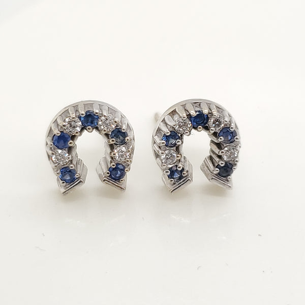 Vintage 14kt White Gold Lucky Diamond and Sapphire Horseshoe Earrings