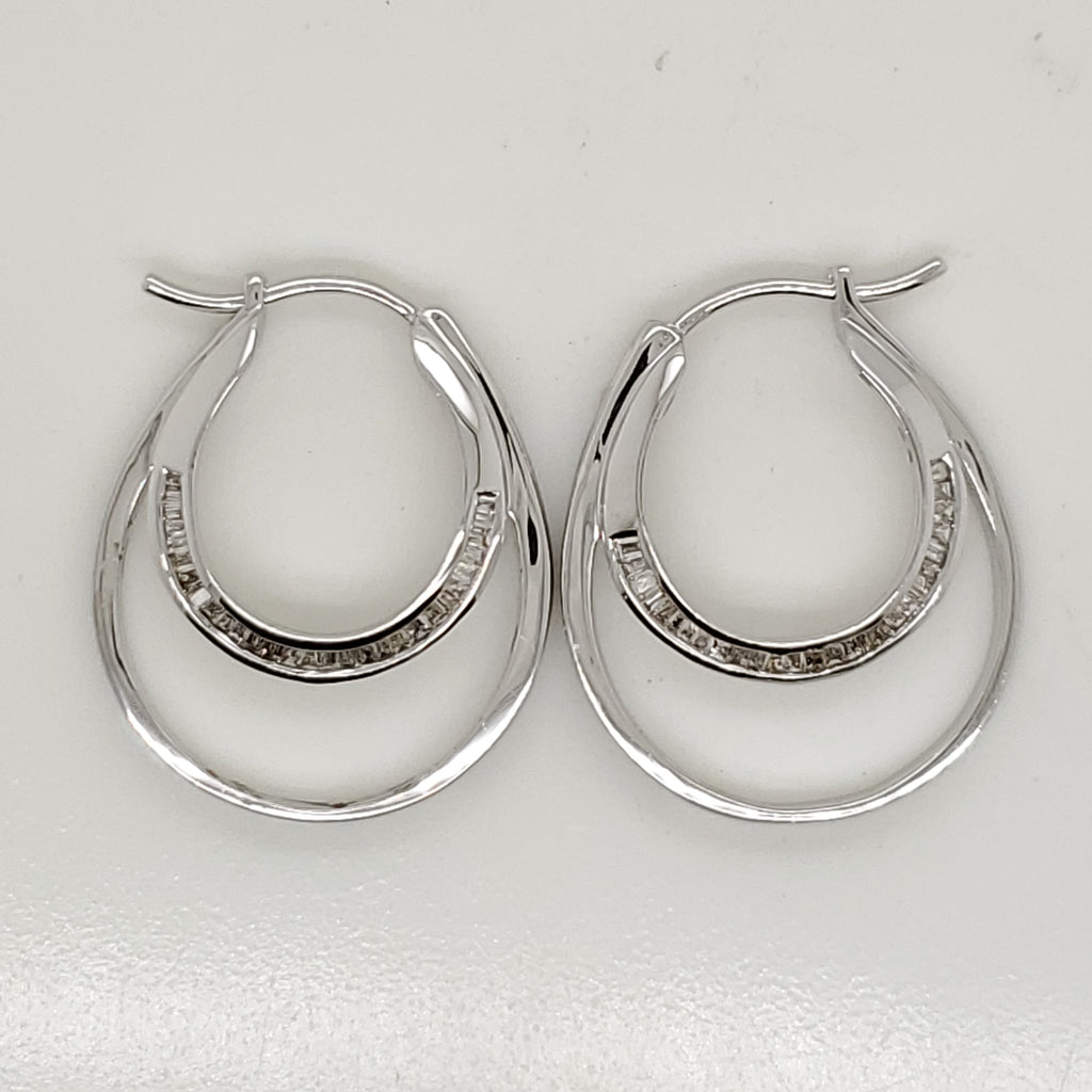 14kt White Gold  Baguette Cut Diamond Hoop Earrings