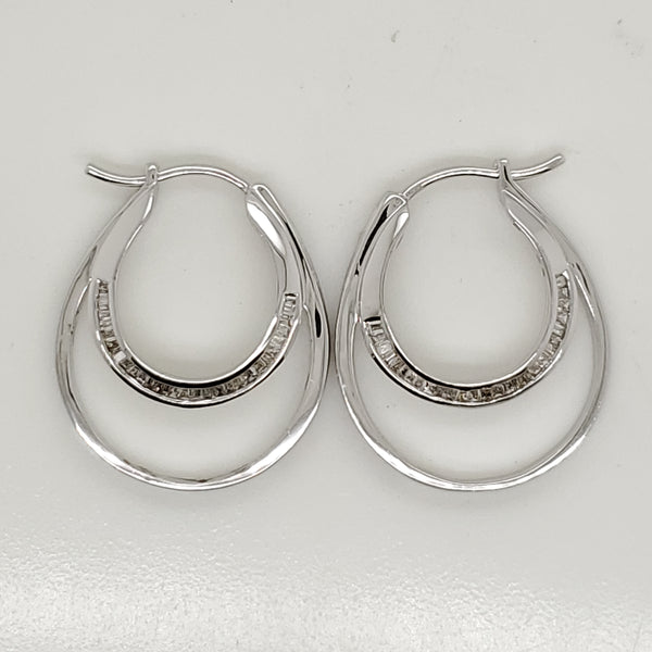 14kt White Gold  Baguette Cut Diamond Hoop Earrings