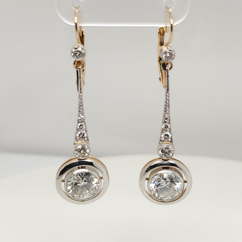 Vintage Platinum on Yellow Gold Diamond Dangle Earrings