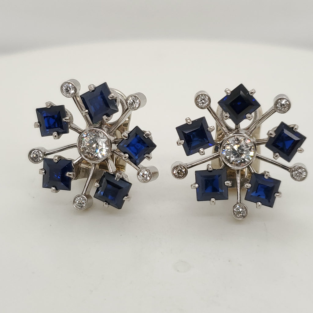 Vintage 18kt White Gold Diamond and Sapphire Earrings