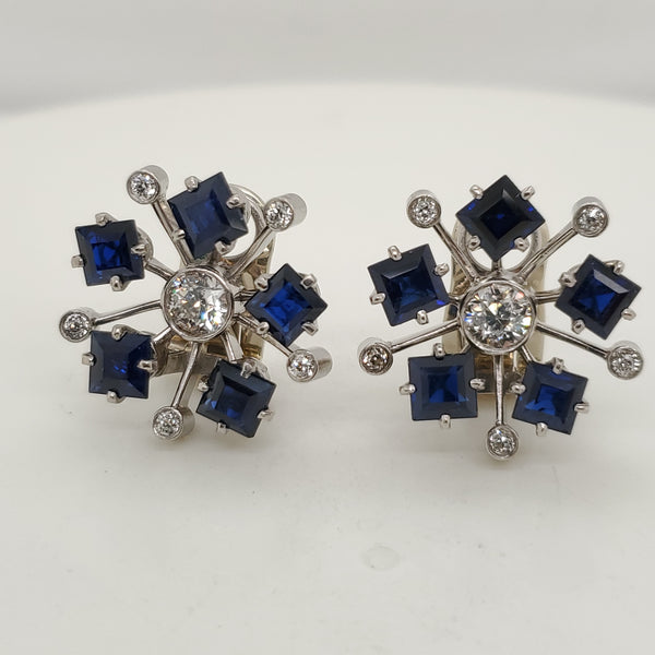 Vintage 18kt White Gold Diamond and Sapphire Earrings