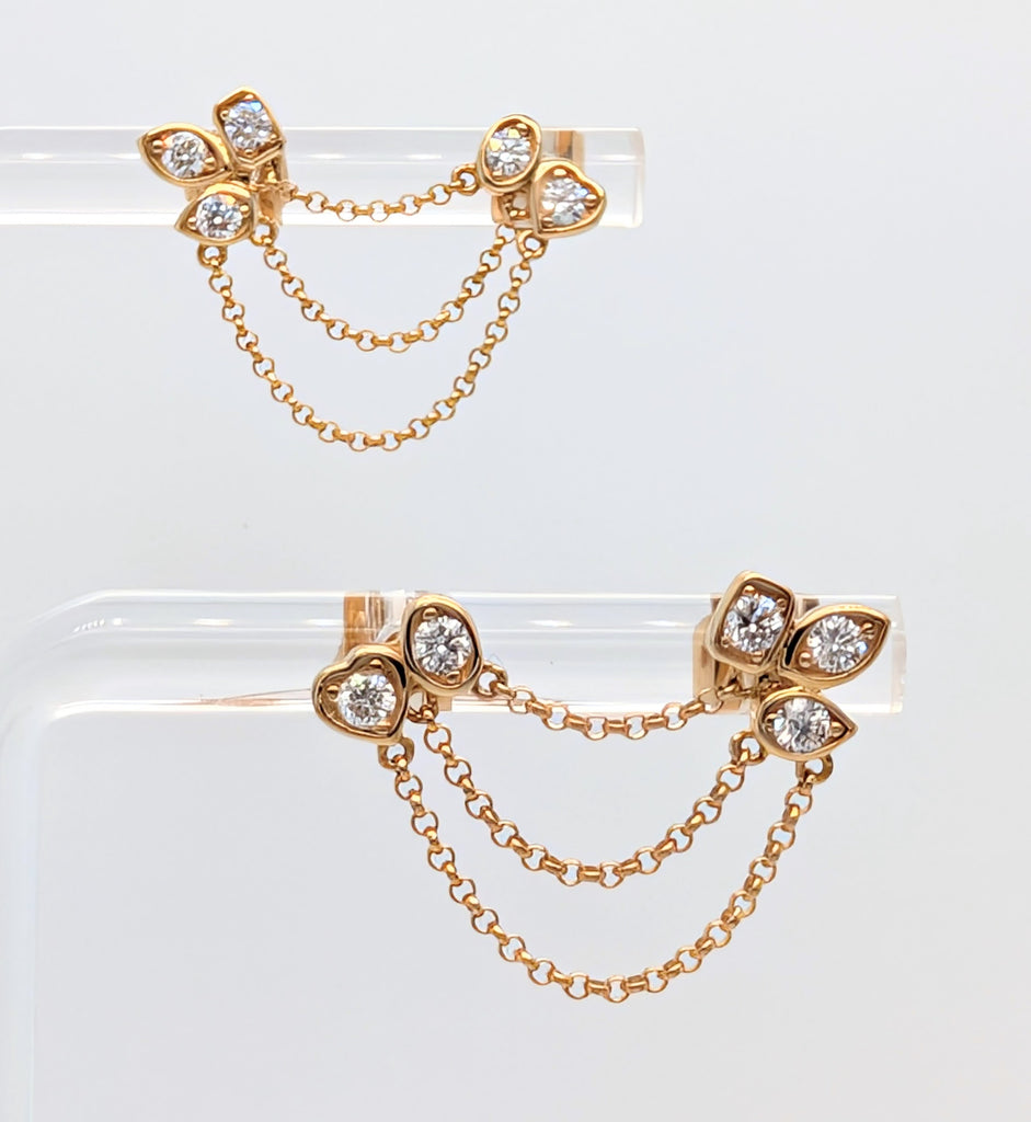 14KY Multi-Shape Dual-Piercing 0.42cttw Diamond Stud Earrings with Draping Chains
