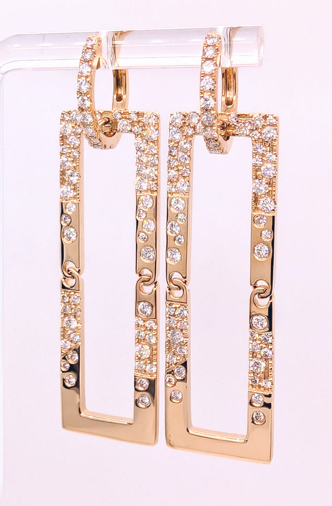 14K Yellow Gold Huggie Hoops with Flush Set Diamonds Scattered on Rectangular Drops