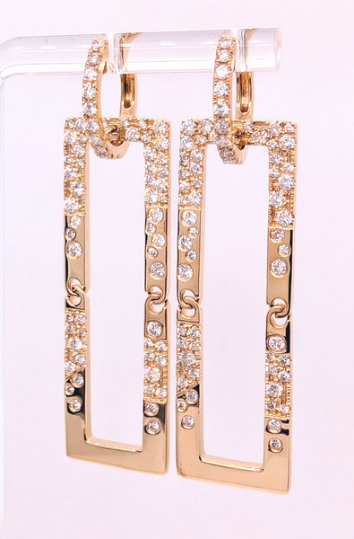 14K Yellow Gold Huggie Hoops with Flush Set Diamonds Scattered on Rectangular Drops