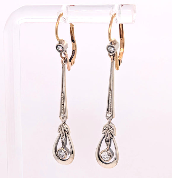 14K White and Yellow Gold Vintage 1930s Old Mine Diamond Drop Earrings