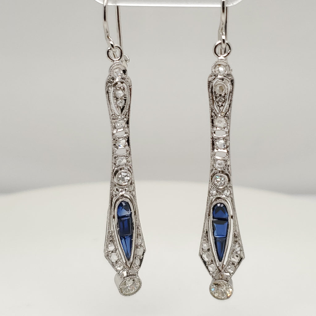 Art Deco Platinum Sapphire and Diamond Filigree Earrings