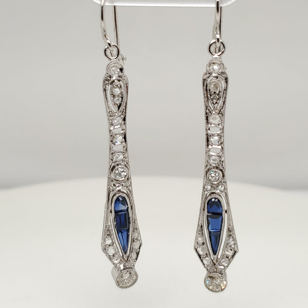 Art Deco Platinum Sapphire and Diamond Filigree Earrings