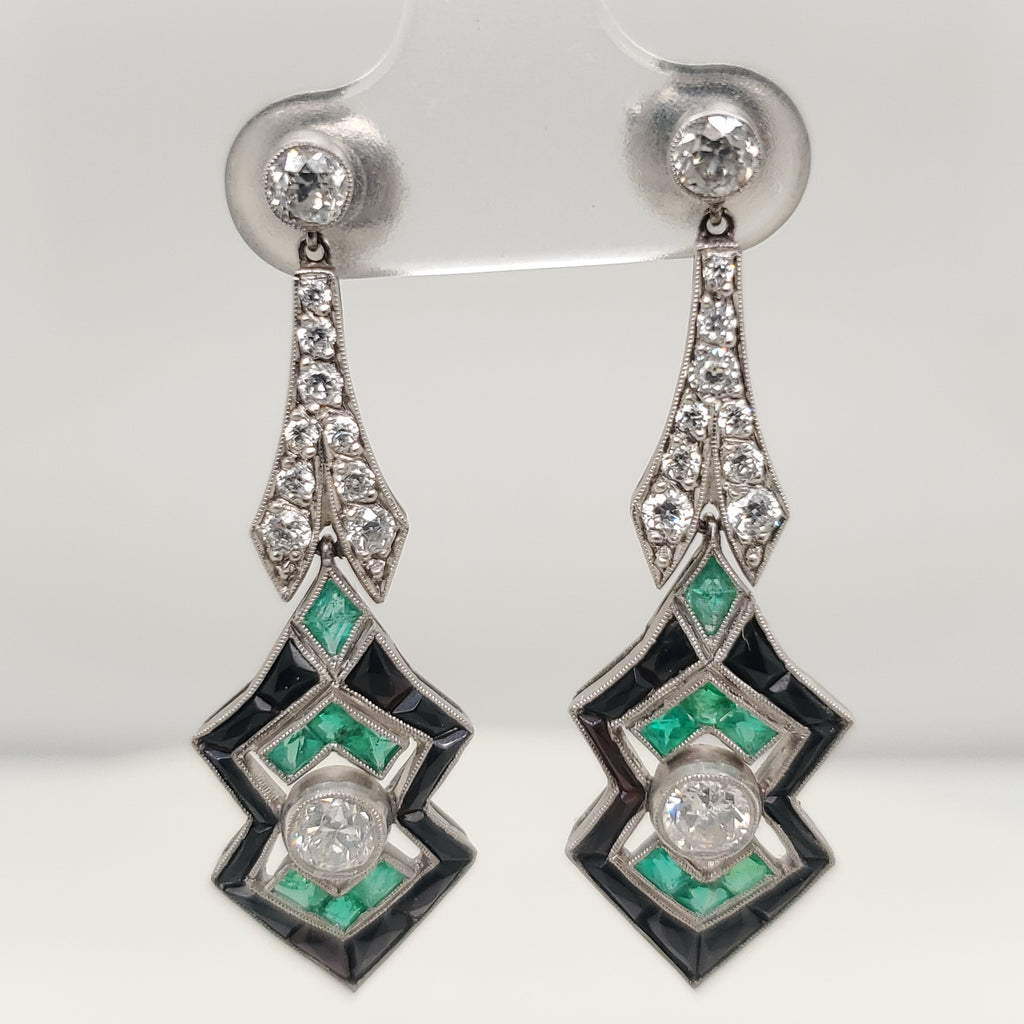 Modern Art Deco Style Platinum Diamond Emerald and Black Onyx Dangle Earrings