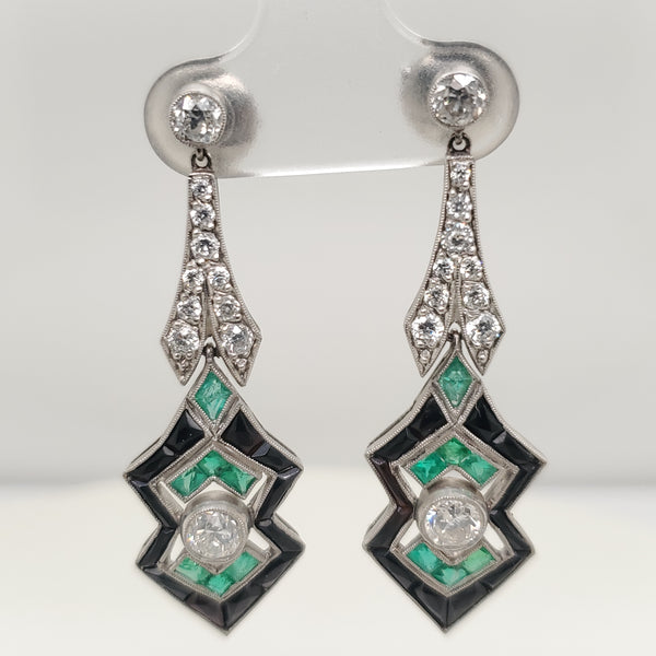 Modern Art Deco Style Platinum Diamond Emerald and Black Onyx Dangle Earrings
