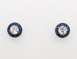 Vintage European Cut Diamond Stud Earrings with Blue Sapphire Halos in Platinum