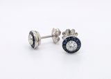 Vintage European Cut Diamond Stud Earrings with Blue Sapphire Halos in Platinum