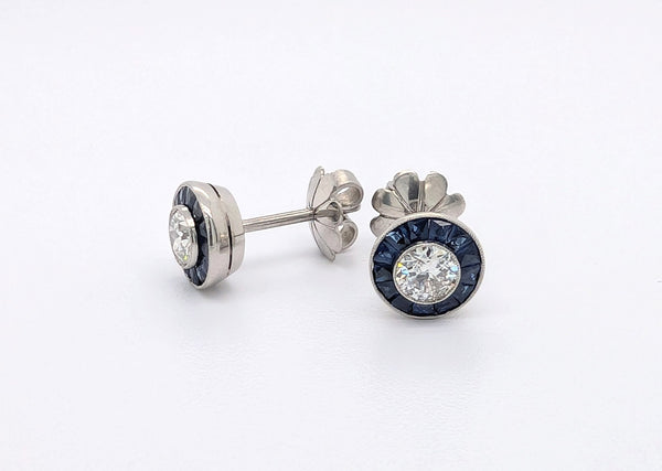 Vintage European Cut Diamond Stud Earrings with Blue Sapphire Halos in Platinum