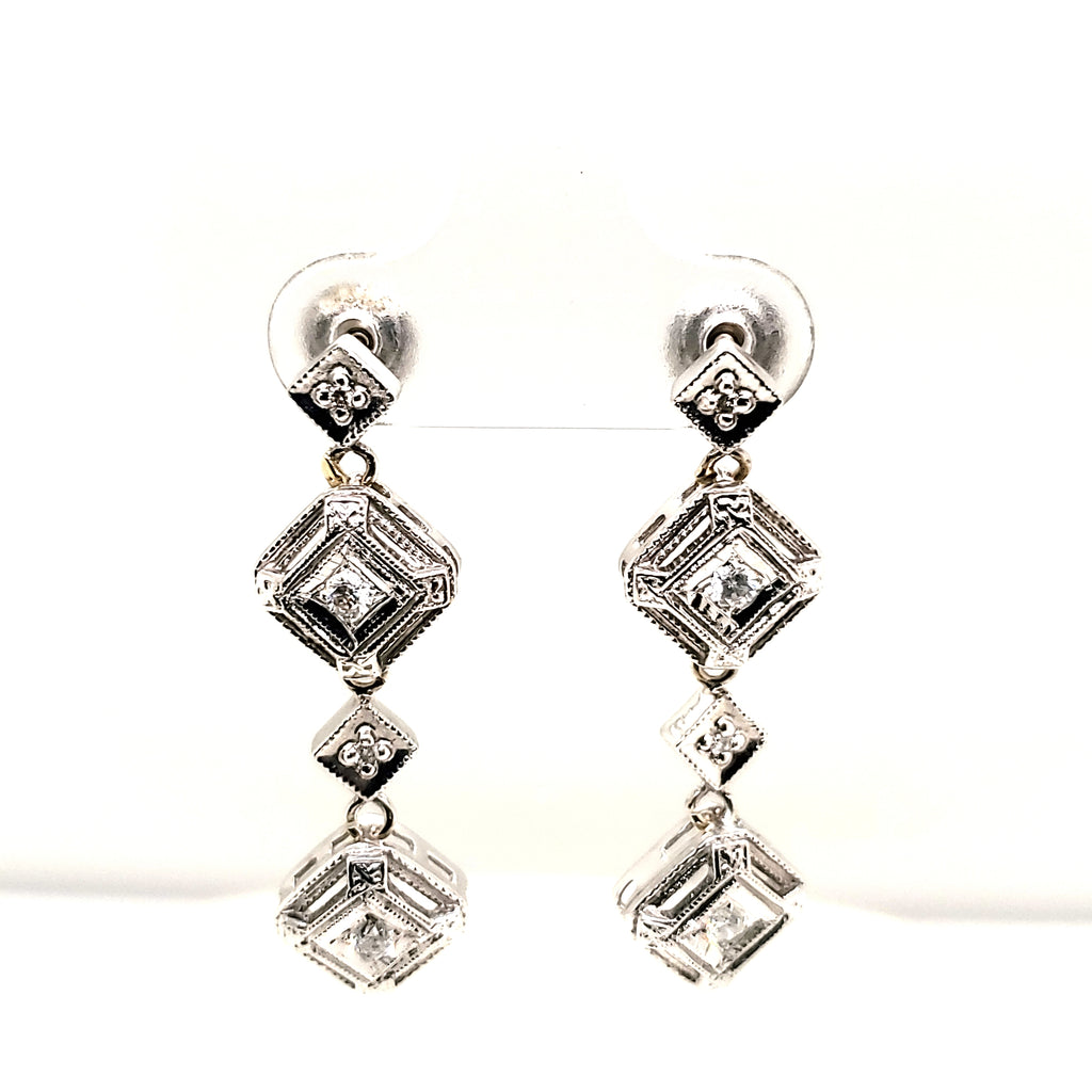 14kt White Gold Round and Baguette Diamond Earrings