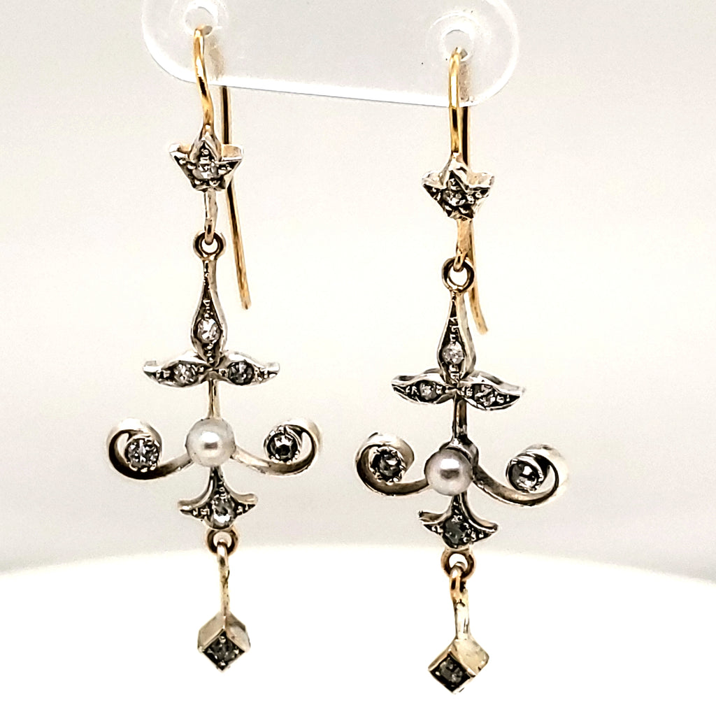 Antique Victorian Silver on 14kt Yellow Gold Diamond Dangle Earrings
