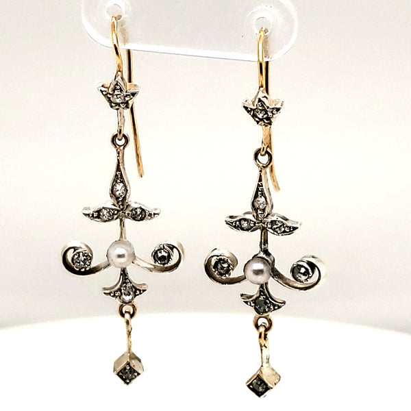 Antique Victorian Silver on 14kt Yellow Gold Diamond Dangle Earrings
