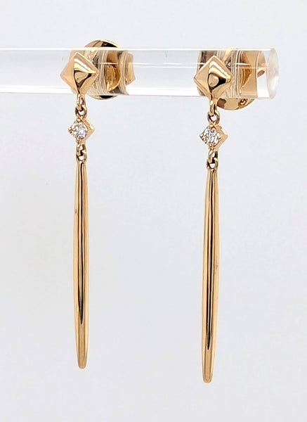 14K Yellow Gold Thin Drop Earrings with Diamonds