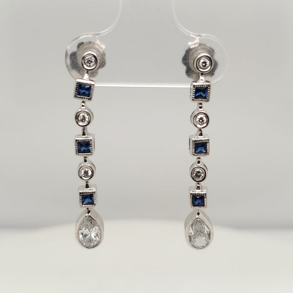 14kt White Gold Diamond and Sapphire Dangle Earrings