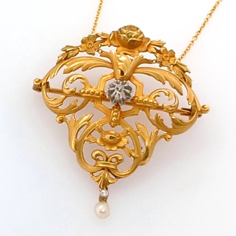 Antique French 18Kt Gold Diamond And Pearl Pendant/Brooch