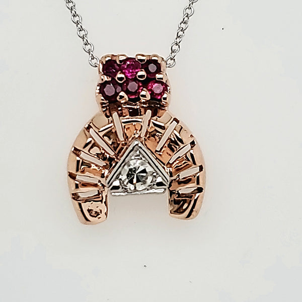 1940s Retro 14kt Rose Gold Diamond and Ruby Pendant Necklace