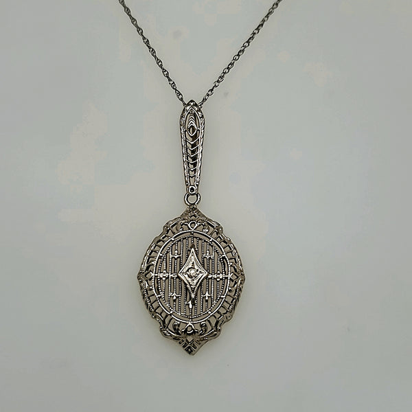 Arrt Deco 14kt white Gold Diamond Filigree Pendant Necklace