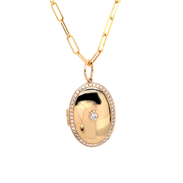 14kt Yellow Gold Oval Diamond Locket On Paper Clip Chain
