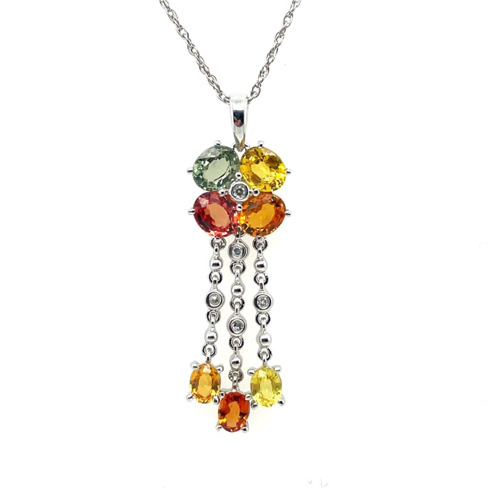 14kt White Gold Multi-Colored Sapphire And Diamond Pendant Necklace