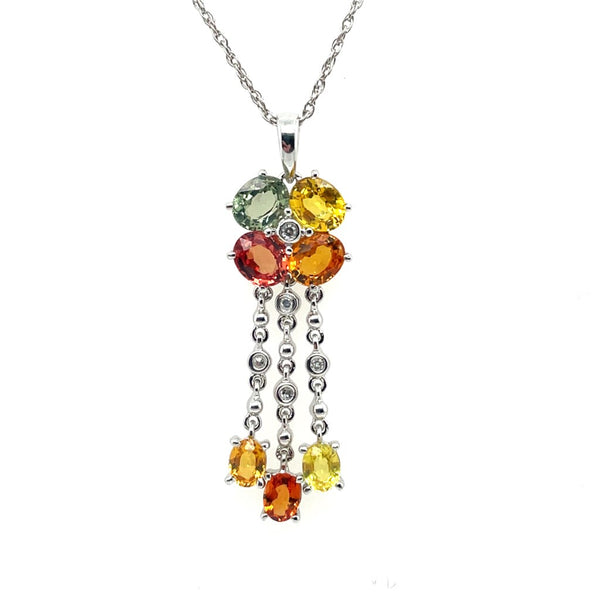 14kt White Gold Multi-Colored Sapphire And Diamond Pendant Necklace