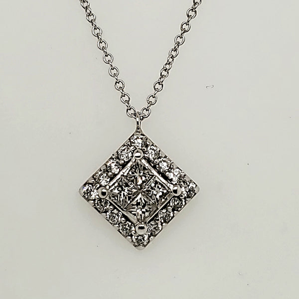 14kt White Gold Princess and Round Diamond Pendant